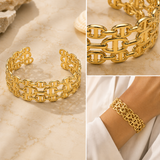 A gold-tone chain-link cuff bracelet shown in a three-panel collage: on a light marble surface, in a close-up of the chain links, and worn on a person's wrist.