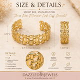 Gold three-row mariner link cuff bracelet shown with dimensions, inner diameter, width, and detail close-up on a beige textured background with text reading 'SIZE & DETAILS' and 'Dazzled By Jewels'.
