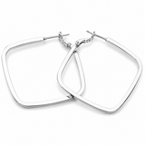 A pair of silver-toned geometric hoop earrings with a polished finish, displayed on a clean white background.