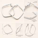 A six-panel product collage showing silver hoop earrings with a rounded geometric square shape. The panels include a main product view, close-ups of the secure omega back clasp and polished sterling silver finish, dimensions marked as 19 inches wide, and text describing comfort, modern geometric statement, and sleek lightweight design.