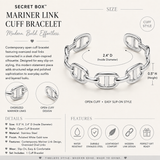 SECRET BOX white gold tone mariner link cuff bracelet size and product details. An infographic-style product image for a Secret Box Mariner Link Cuff Bracelet. It shows a polished silver-toned open cuff bracelet with labeled dimensions (2.
