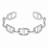 A polished silver-tone chain link cuff bracelet with a modern interlocking link design, shown on a plain white background. SECRET BOX stainless steel mariner link cuff bracelet in white gold tone