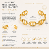 A promotional product graphic for a Secret Box Mariner Link Cuff Bracelet. The image features a polished yellow gold-tone chain bracelet on the right, with dimension labels showing 2. SECRET BOX yellow gold tone mariner link cuff bracelet size and product details