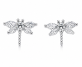 Silver CZ dragonfly stud earrings with sparkling cubic zirconia stones and sterling silver posts on a white background.