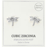 Silver CZ dragonfly stud earrings with sparkling cubic zirconia stones and sterling silver posts on a white background.