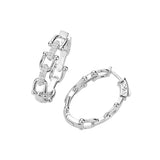 Silver CZ hardware link huggie hoop earrings with sparkling pave accents and modern chain-inspired design.