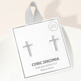 Silver CZ pave cross stud earrings with sparkling cubic zirconia stones and sterling silver posts.