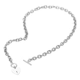Silver chain bracelet with heart charm and clasp on a white background
