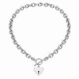 A silver-toned chain bracelet with a toggle clasp and a small heart-shaped lock pendant, shown on a plain white background.