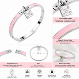 Silver stainless steel hinged bangle bracelet featuring pink enamel inlays and a decorative lock charm with polished finish on a white background and details