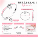 Silver stainless steel hinged bangle bracelet featuring pink enamel inlays and a decorative lock charm with polished finish on a white background describing size and details
