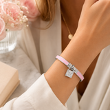 Stainless Steel Pink Enamel Lock Charm Hinged Bangle Bracelet – Silver