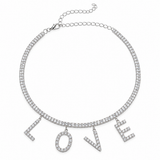 Silver-tone rhinestone choker with a clear dangling LOVE pendant