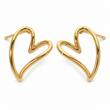 Gold stainless steel open heart stud earrings with polished finish and minimalist sculpted heart design on a white background.