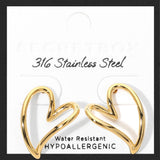Gold stainless steel open heart stud earrings with polished finish and minimalist sculpted heart design. 