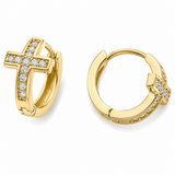 Gold stainless steel pave cross mini huggie hoop earrings with sparkling crystal accents and water-resistant finish.