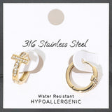 Gold stainless steel pave cross mini huggie hoop earrings with sparkling crystal accents and water-resistant finish.