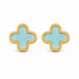 Gold stainless steel quatrefoil stud earrings with glossy turquoise stone center on white background.