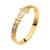 Gold-tone stainless steel sculptural interlock hinged bangle bracelet featuring chain-inspired detailing and a polished modern design, on white background