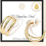 Gold stainless steel triple split hoop earrings with layered modern design and polished water-resistant finish.