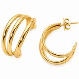 Gold stainless steel triple split hoop earrings with layered modern design and polished water-resistant finish.