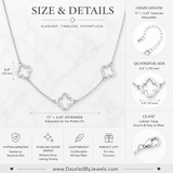 Sterling silver dipped open quatrefoil link station necklace with three elegant clover charms on an adjustable chain displayed on a white background with size and details