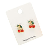 Gold-tone cherry stud earrings with red crystal cherries and green leaf accents on white background.