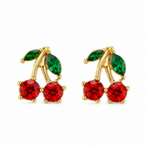 Gold-tone cherry stud earrings with red crystal cherries and green leaf accents on white background.