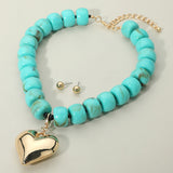 Puffy Gold Heart Pendant Chunky Beaded Necklace & Earrings Set