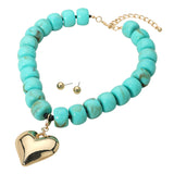 Puffy Gold Heart Pendant Chunky Beaded Necklace & Earrings Set