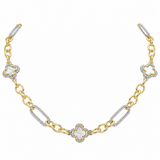 A two-tone yellow gold and silver-tone chain necklace featuring mother-of-pearl four-leaf clover motifs accented with small pavé-set diamonds, displayed on a clean white background.