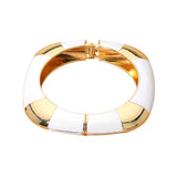 White enamel inlay square hinged bangle bracelet with polished gold tone geometric accents.