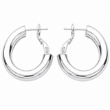 White gold dipped chunky tube hoop earrings with polished silver finish and hypoallergenic omega back closure on a white background.