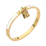 White enamel hinged bangle bracelet with gold-tone stainless steel finish and lock charm accent on a white background.