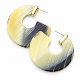 Yellow, gold, and multicolor resin disc hoop earrings with gold-tone post backs.