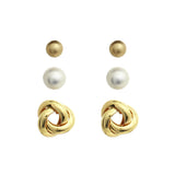 3 Pair Gold Tone Ball Love Knot Faux Pearl Fashion Costume Earrings 