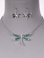 Dragonfly Blue Glitter Silver Tone Fashion Necklace Earring Set