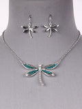 Dragonfly Blue Glitter Silver Tone Fashion Necklace Earring Set