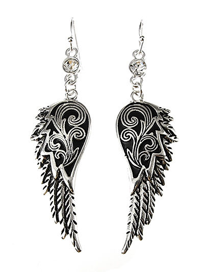 Angel Wing Silver Tone Rhinestone Dangle Drop Earrings