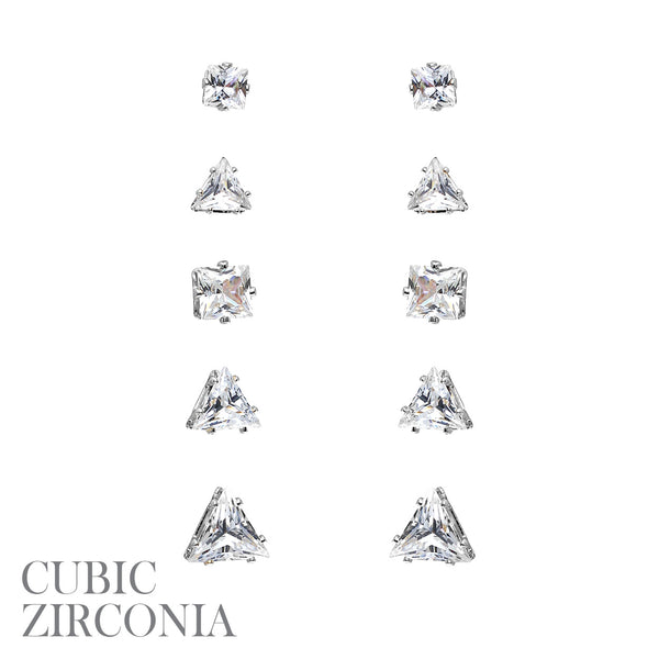 5 Pair CZ Square Triangle Stud  Earrings 