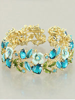 Blue Floral Flower Gold Tone Cuff Bangle Wrap Bracelet