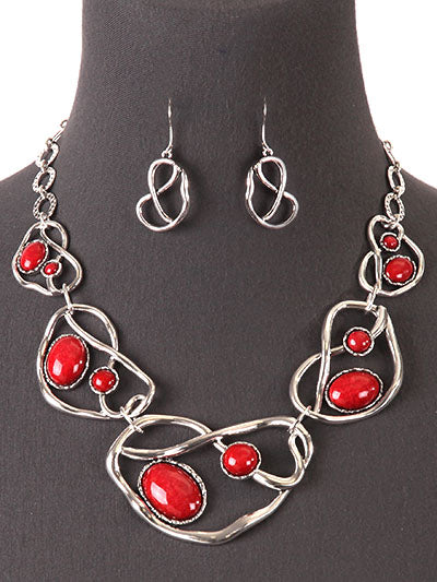 Bree Swirl Link Statement Bib Beaded Necklace Set - Red 