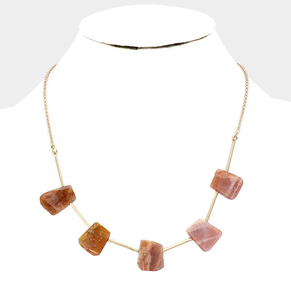 Brown Abstract Natural Stone Station Fashion Necklace 