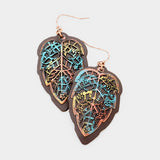 Burnished Patina Leather Metal Leaf Earrings