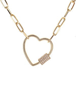 Minimalist Layering Carabiner Heart CZ Pave Necklace - Gold 