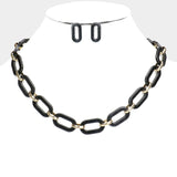 Classic Oval Link Necklace Set - Black and Gold Tone