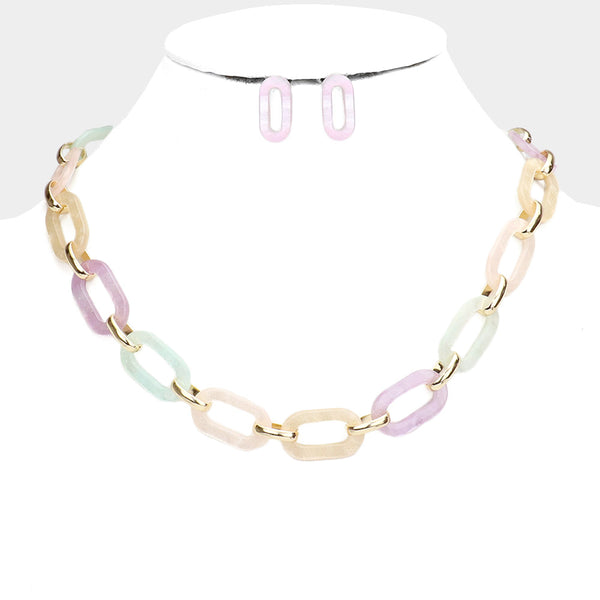 Classic Oval Link Necklace Set - Mint and Gold Tone with pastel colors on the links and slight glitter 
