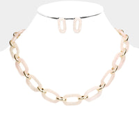 Classic Oval Link Necklace Set - Pink and Gold Tone