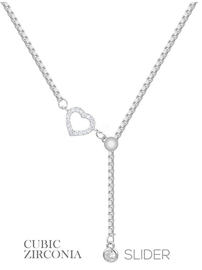 Crystal CZ Heart  Pendant Delicate Slider Chain Necklace - Silver Tone 