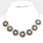 Delicate Stone Floral Necklace - Black